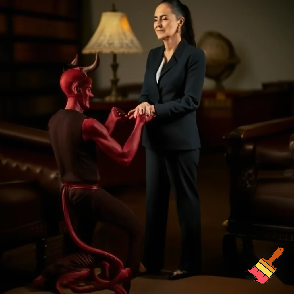 claudia sheinbaum holding hands with the devil and smiling, full body, making deals