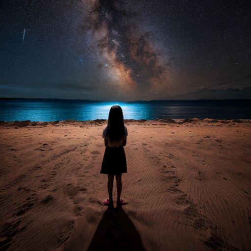A girl amidst the sand, with the sea before her, gazing at the stars
