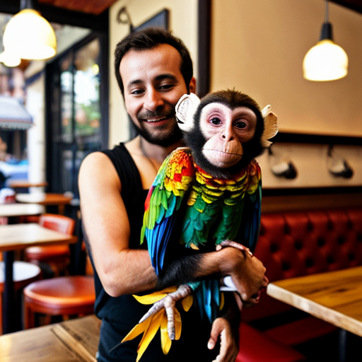 monkey carrying monkey baby with parrot on his shoulder in a cafe called 67 cafe