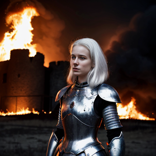 young, tall, white-haired woman in armor stands in front of a burning castle into which meteorites are falling.