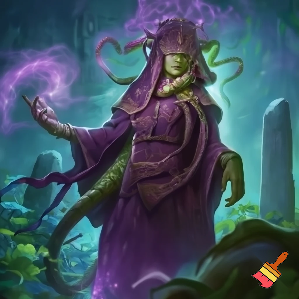 Gorgon shamaness with covered face. Purple clothing. Green skin and scales. High quality. In the style of dungeons and dragons.