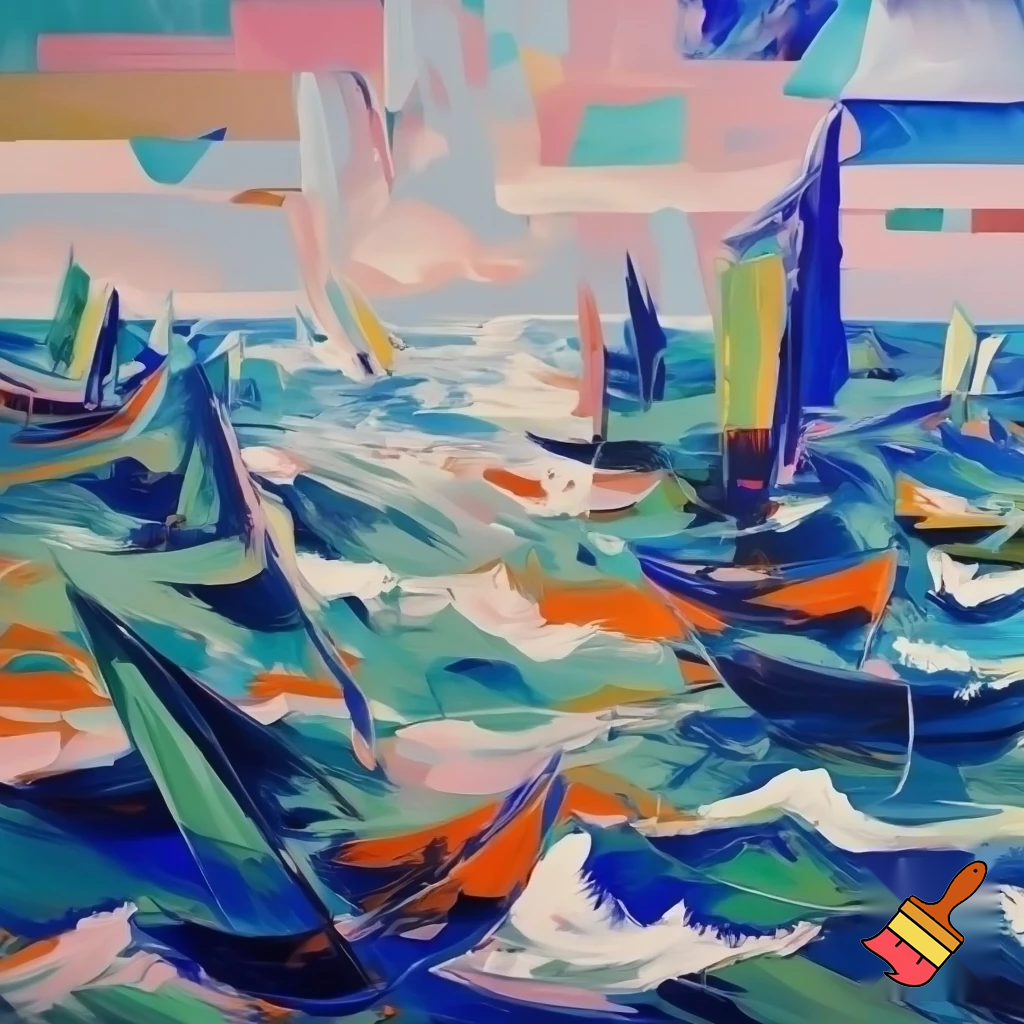 postmodern acrylic painting sea and boats 
