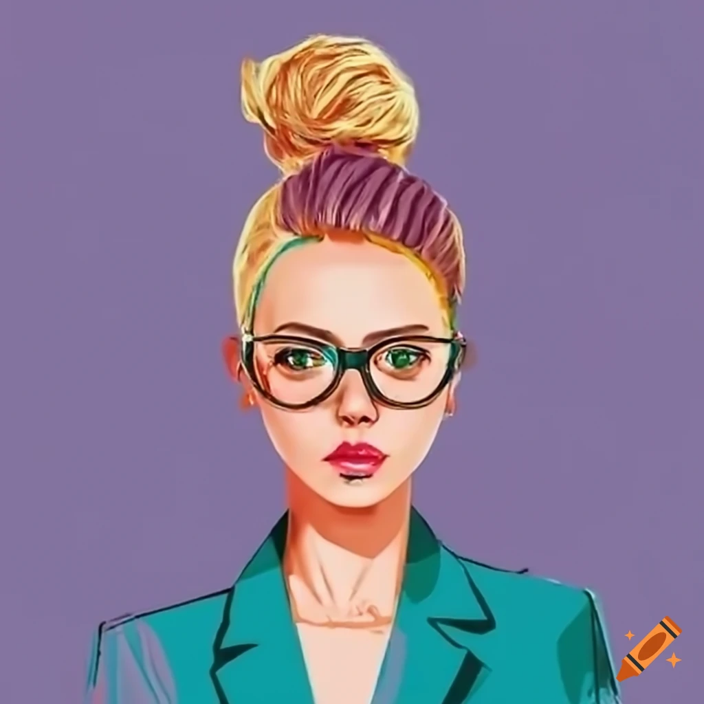 friendly looking female data scientist with blonde, hair in a ponytail wearing golden glasses. She is applying for a job at Siemens. She has wavy hair and is wearing business clothes