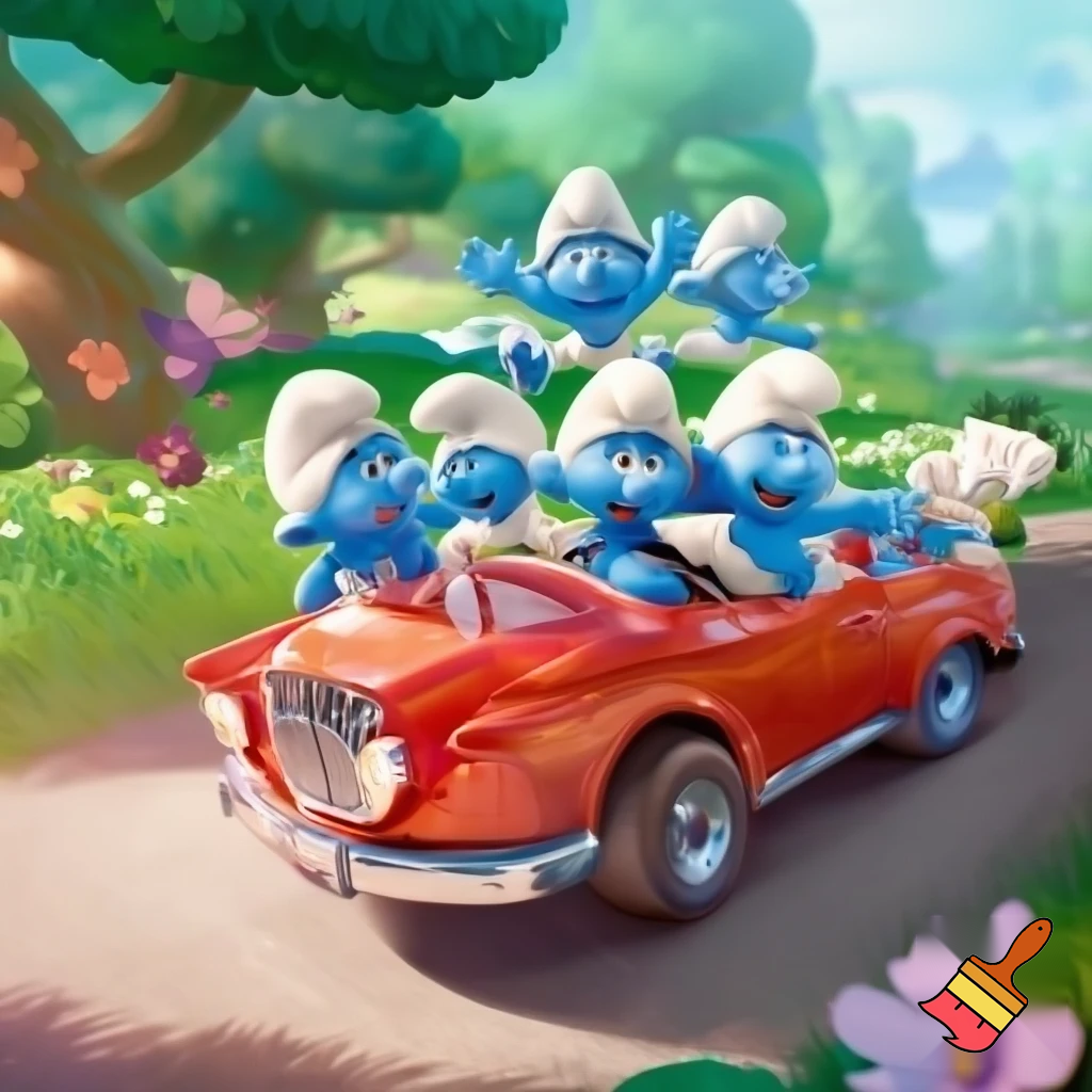 Smurfs riding a car.