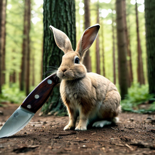 European rabbit, holding knife, forest