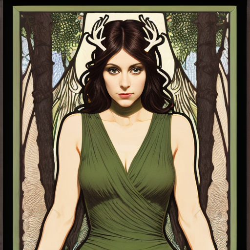 40 year old attractive olive skinned woman with the legs of a deer with hooves instead of human legs, yellow eye color with horizontal rectangular pupils,black mascara, green slightly sheer dress, forest setting mucha art style