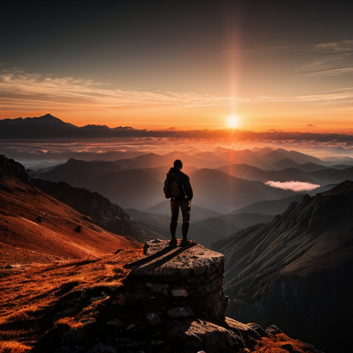 "A majestic sunrise over mountains with a person standing on a peak, looking inspired, cinematic lighting, ultra-detailed, motivational atmosphere"