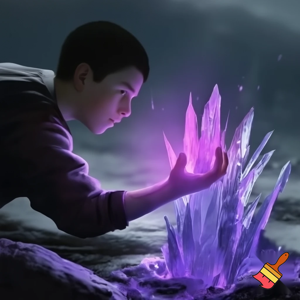 teen boy with his glowing purple hand out to the right, purple tinted ice erupting from the ground in spires, realistic,               side profile