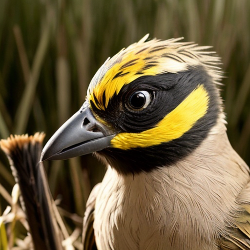 A small warbler-like songbird with a rounded body, olive-brown upperparts, plain wings, a bright yellow throat and upper chest, pale whitish belly, and a medium-length slightly rounded tail. The adult male has a distinctive black facial mask across the eyes and forehead, bordered above by a thin pale whitish or grayish line, creating a bandit-mask appearance. The bird often appears in dense low vegetation, reeds, shrubs, marsh edges, or tangled grasses.