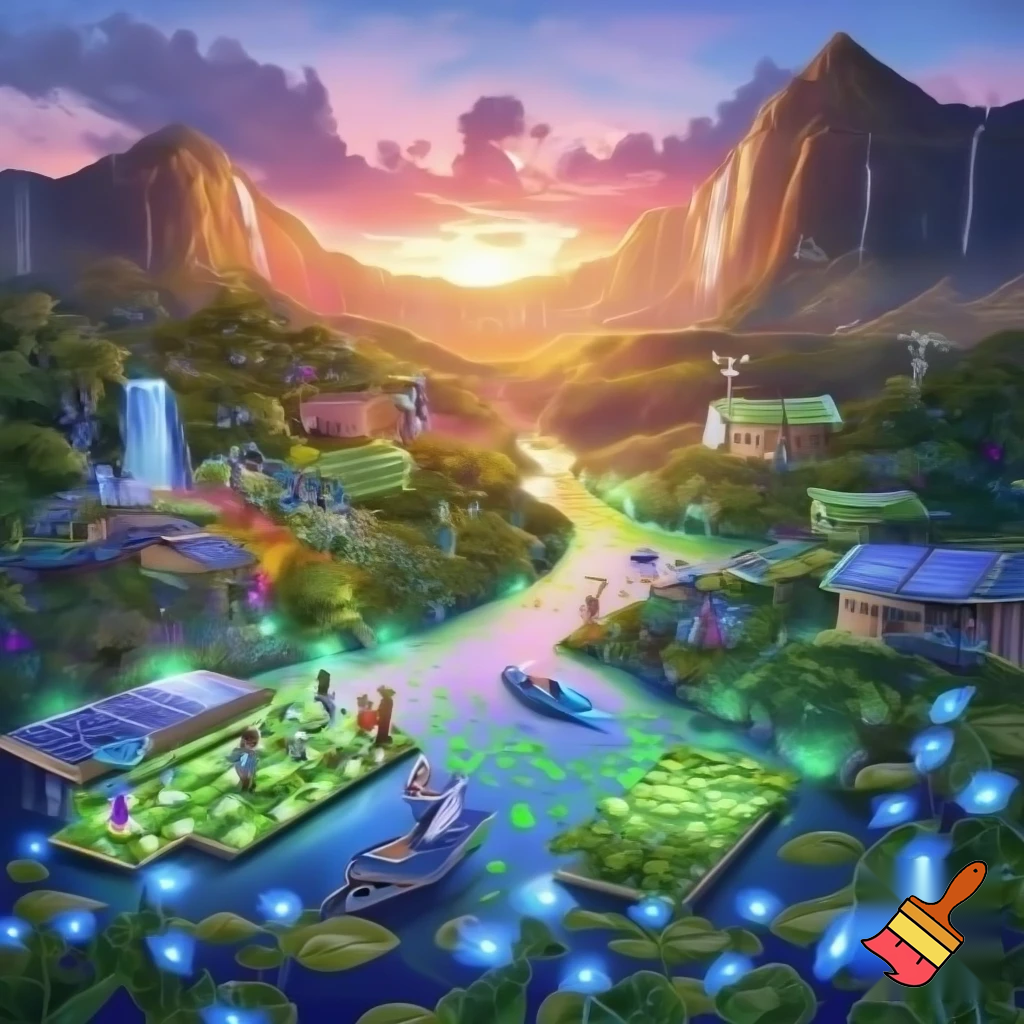 A stunning vision of Hawaii in 2050, where technology and nature exist in harmony. At sunset, a lush valley of emerald mountains, waterfalls, and glowing rivers reflects golden pink light. Traditional canoes glide past floating solar gardens shaped like lily pads, while eco-friendly homes with green rooftops and flower-like wind turbines blend into the hills. Children of diverse backgrounds walk through vibrant taro fields, symbolizing hope and unity, under a radiant rainbow of renewal. The scene radiates a bright, happy scene filled with eye catching colors. All around there are glowing blue flowers and green glowing spots in the water that creates a beautiful scenery
