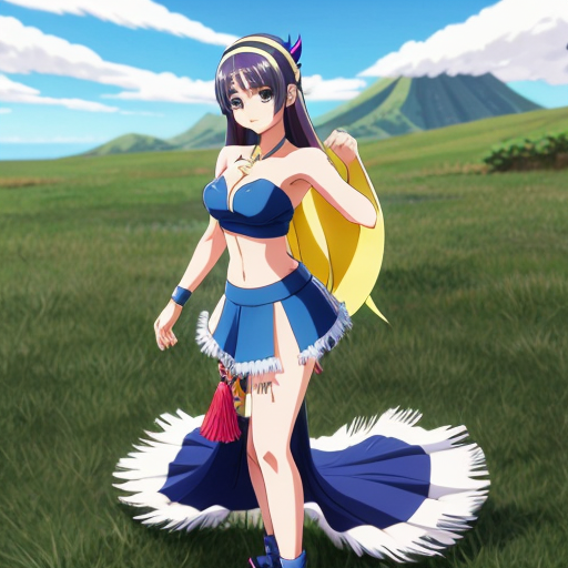 Lana from Pokemon Sun and Moon outfit otea tahiti  in  grass skirt  bleu and tassel   bleu sky 