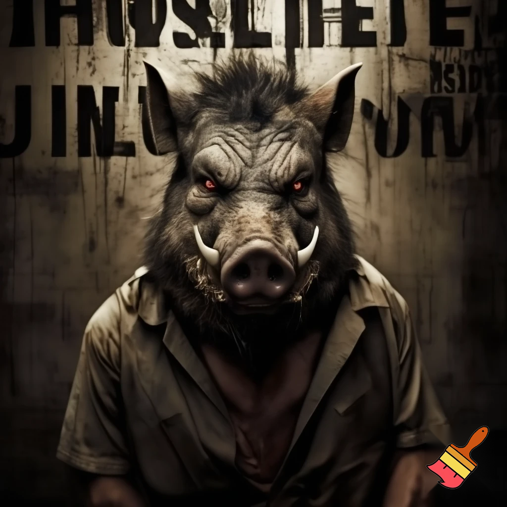 create a evil wanted poster with an image of a mugshot of a wild pig wearing prisoner clothes with red eyes.



