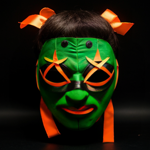black background half of a broken green-orange comedy mask, green and orange ribbons behind that mask and a number 3 beside it
