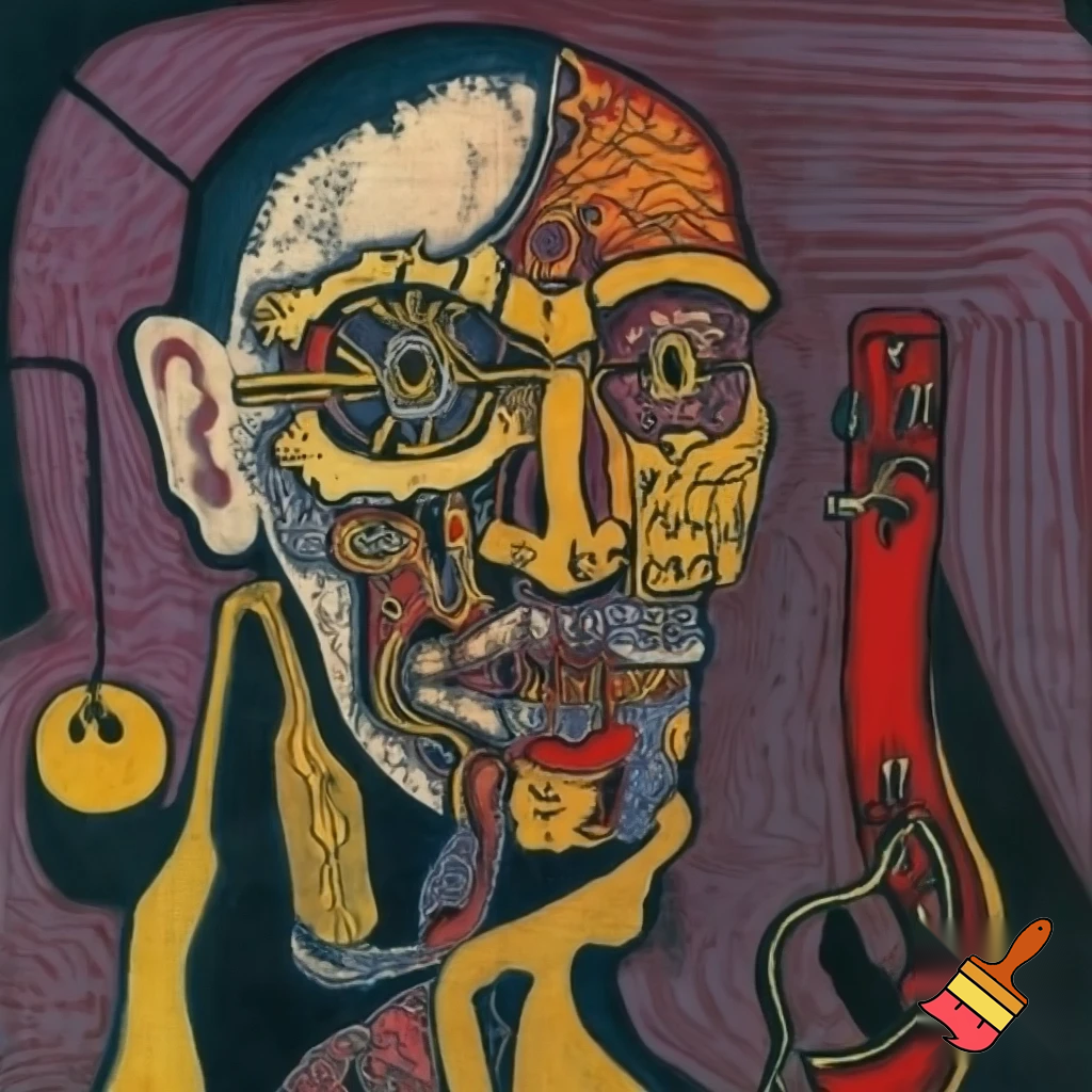 Bio-mechanical post-human noise art. In the style of a 1920's German Expressionist woodcut print.