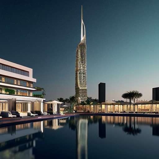 تصميم ثلاثي الأبعاد لفندق فخم جدًا باسم "برج الخليج العربي" في المنطقة الشرقية بالمملكة العربية السعودية، برج شاهق وعريض مع شكل معماري مهيب، واجهة زجاجية عصرية مع لمسات ذهبية، إضاءة ليلية ساحرة ومبهرة، انعكاس البحر على الزجاج، حدائق ومسطحات مائية تحيط بالبرج، حوله فعاليات فاخرة: حفلات موسيقية على الواجهة البحرية، عروض ألعاب نارية، مقاهي ومطاعم راقية، ضيوف يرتدون ملابس أنيقة، أجواء فخمة وملفتة للانتباه، Photorealistic, ultra-detailed, cinematic lighting, lively, majestic architecture.