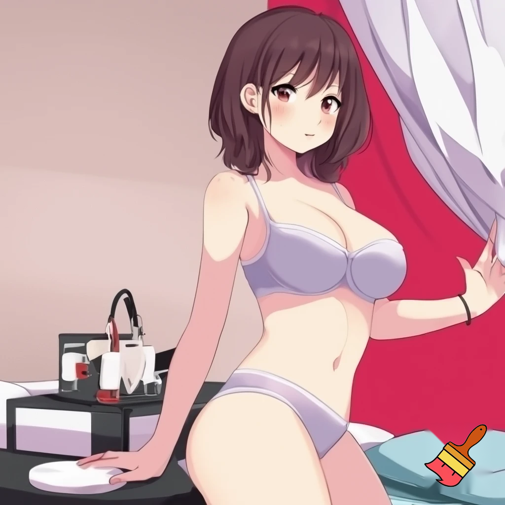 Anime girl so cool and cute with underwear clothes but her waist is so red and she is touching it make is so anime