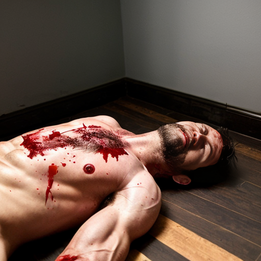 A shirtless random man (neighbor), face are hiding by shirt, died already, chest open wounded, blood everywhere, eye closed, floor on corpse.