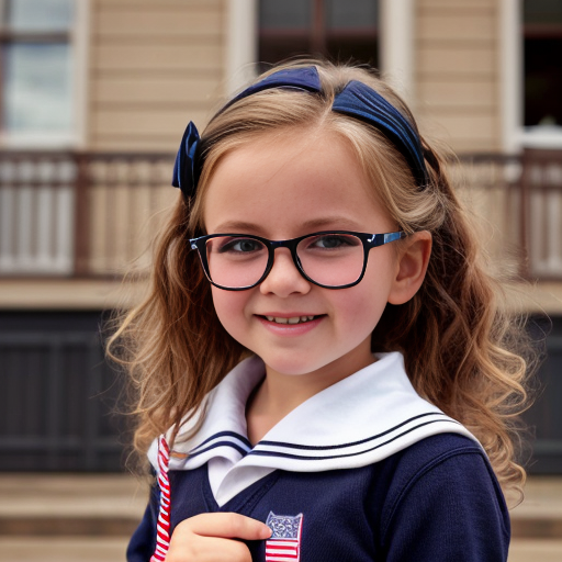 Cute adorable niña Chilindrina glasses con hair lazo curly Blonde con sailor uniforme escolar con zapatos negros escolar con calcetines blancos con Estados Unidos América bandera con desfile con ciudad 3