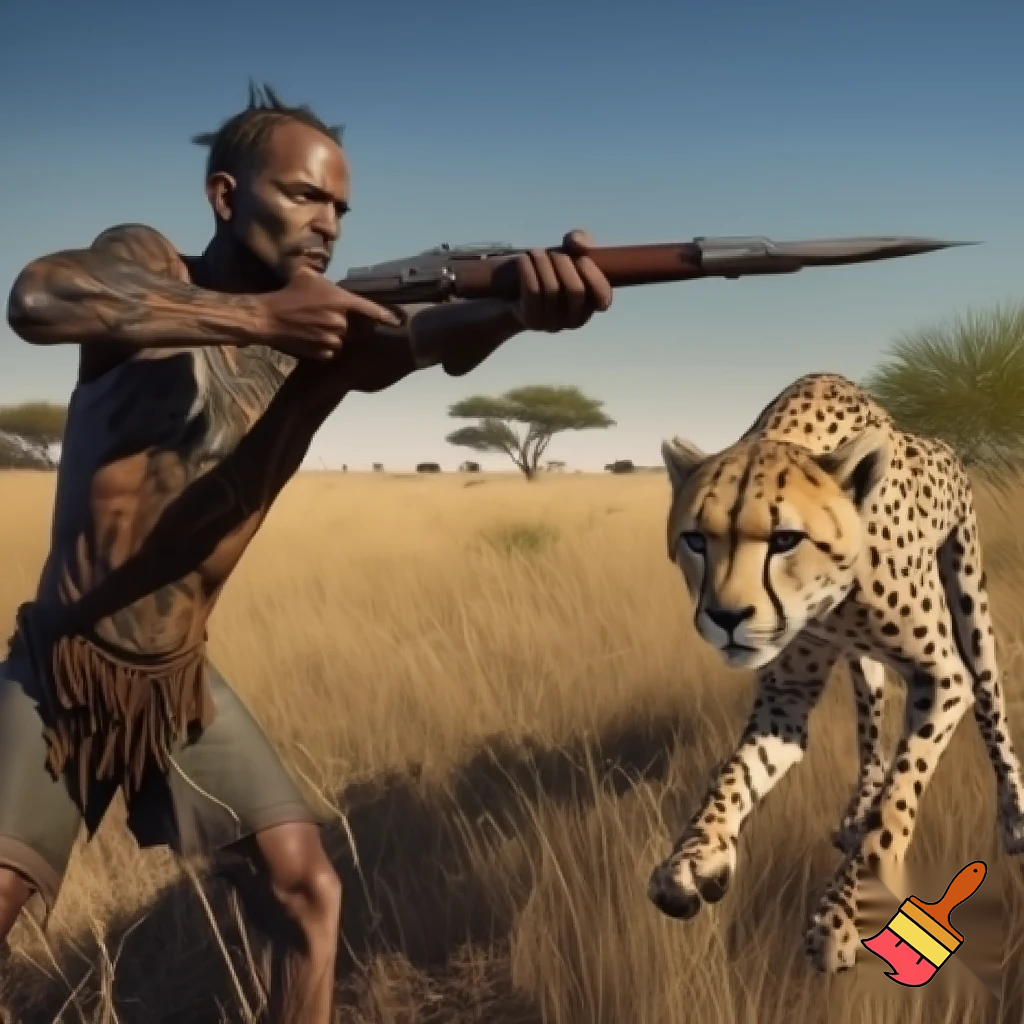 An image of a bush man holding a knife and a gun pointing the gun at a cheetah