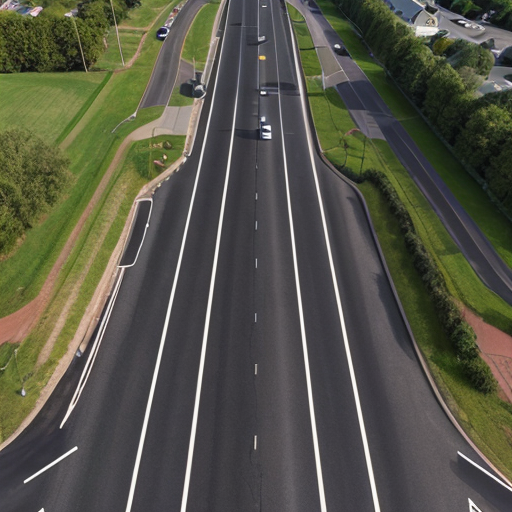 a road with a zebra crossing it one end in a suburban setting, symmetrical aerial view
