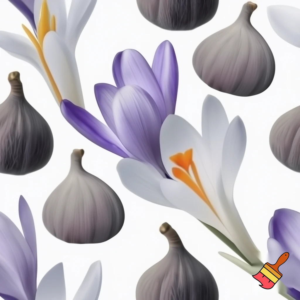 Generate an artwork pattern of grey colored fig fruits and Crocus flowers on a white background