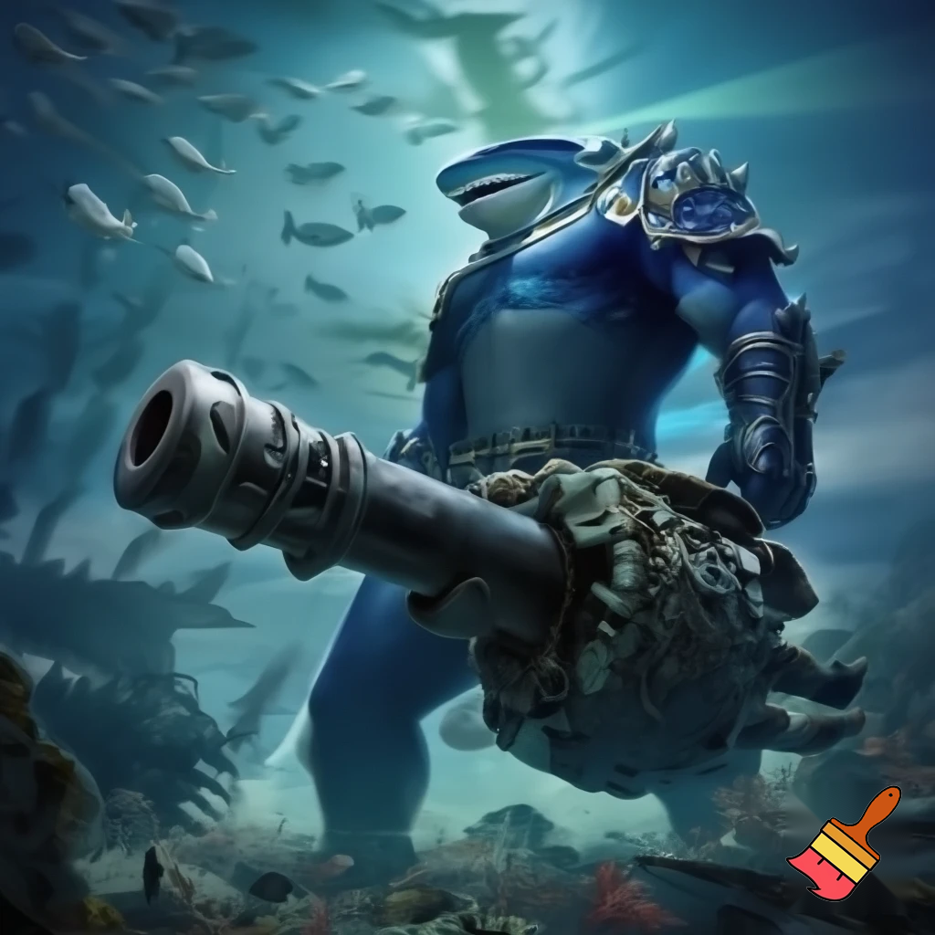 King shark prince nanaue using a heavy artillery gun