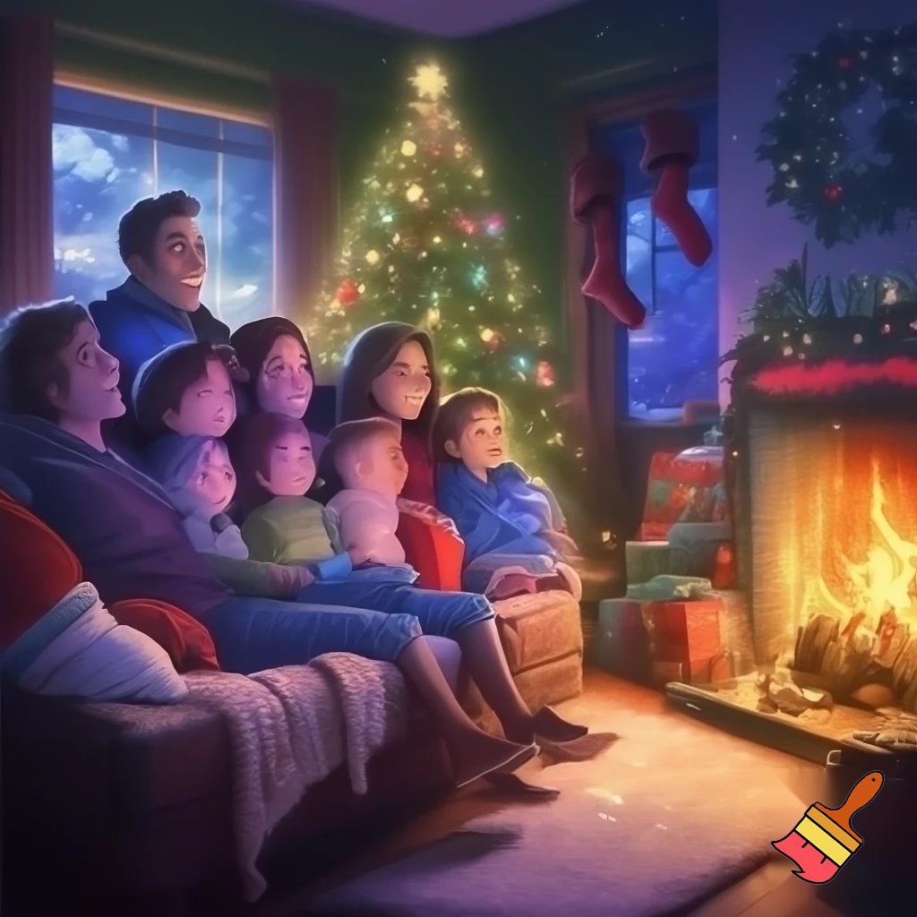 Make me a nice cosy Christmasy family in the living room watching a movie for christmas very big and only