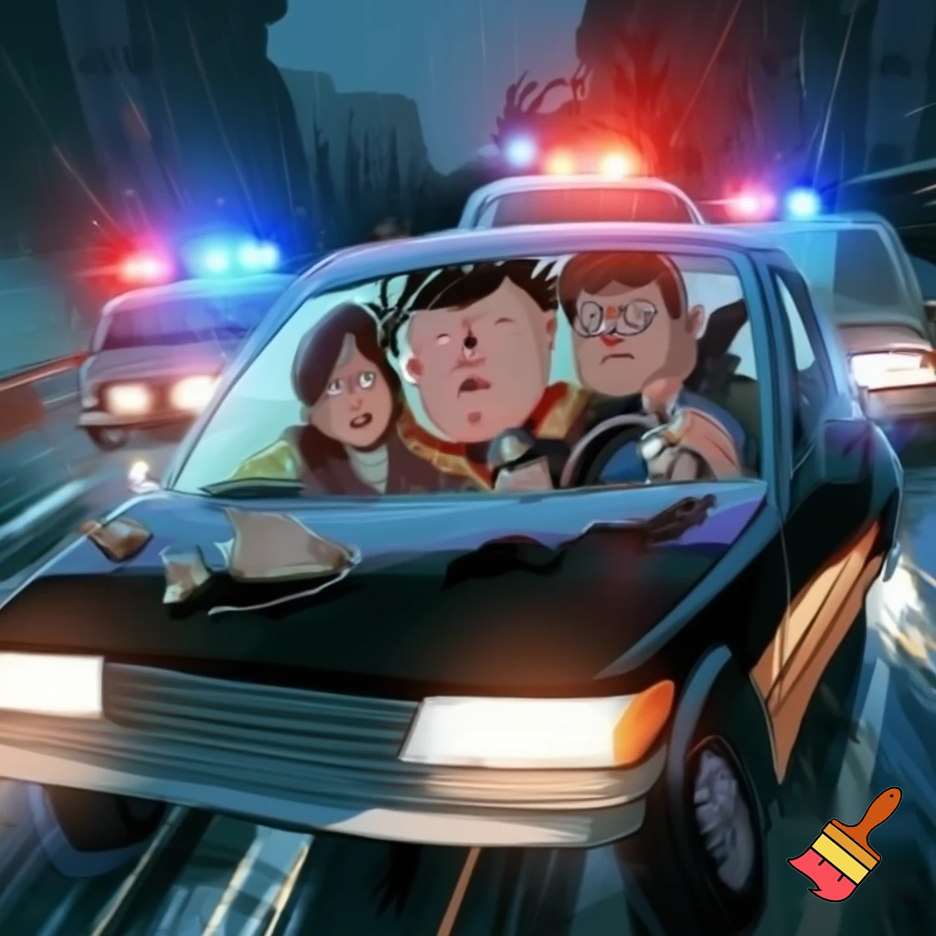 A kid named Ben with hair like a toilet brush and his family in their car getting chased by the police (Mum, Dad, Daughter age 7 and Ben age 13)