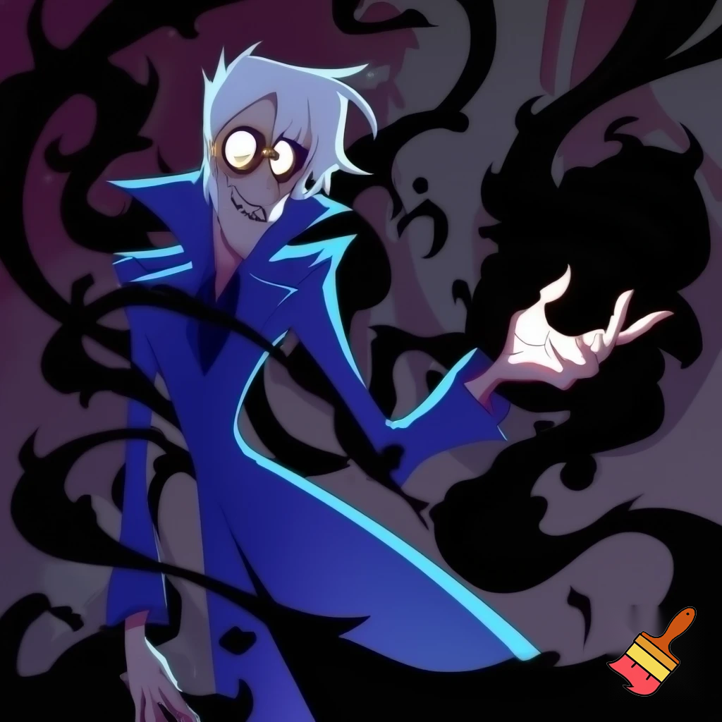 A tall, lean pale man with a similar build to Alastor with white hair, distinctive round brass glasses he has a stern look on his face. his face In cartoonish art style of hazbin 
hotel wearing his signature blue overcoat with black sinister smoke curling around him his hand reaching out, producing the black sinister smoke