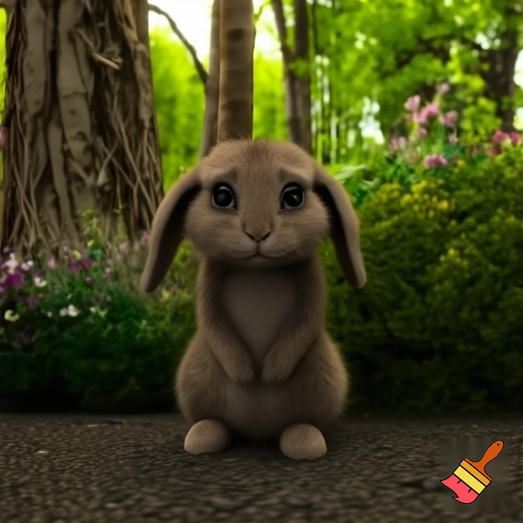 "Cartoon style illustration of a small, sad rabbit sitting alone on the forest floor with teary eyes, looking lonely and scared. A vibrant, colorful forest background with trees, sunlight filtering through leaves, flowers, and bushes. Make it emotional and storybook-like, rabbit is the same character as in following scenes, no fox yet."