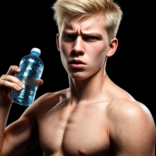 a blond teenager that is angry and looking at the camera. make him really ugly and holding a water bottle