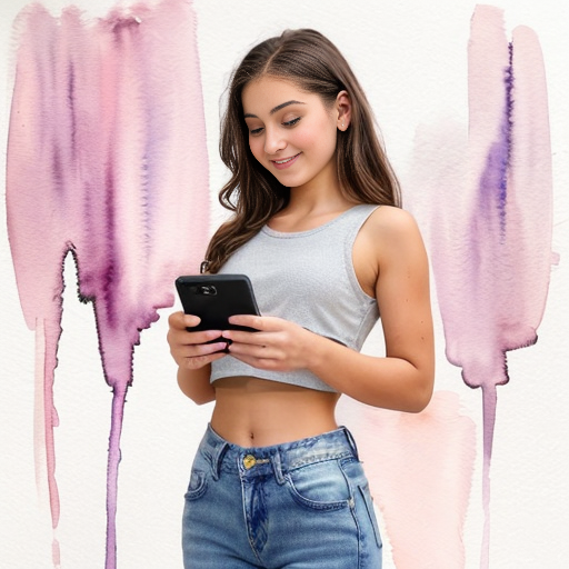Girl who is generation alpha around 15 wearing a crop top with baggy jeans and uggs minis on. Have her holding her phone in her right hand scrolling on it with her hair down and curled,  with her standing up. 