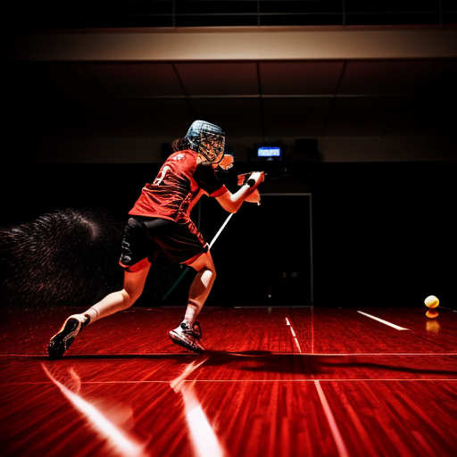 Dynamic action shot of a professional floorball player shooting with the "RAGE STRIKE PRO" stick. Motion blur on the ball, aggressive posture, arena lights glowing in the background. Matte black carbon shaft with blood-red torn graphics clearly visible. Red lighting atmosphere, sweat particles in air, intense sports photography, shallow depth of field, high shutter speed effect, ultra-realistic, cinematic, 8K.