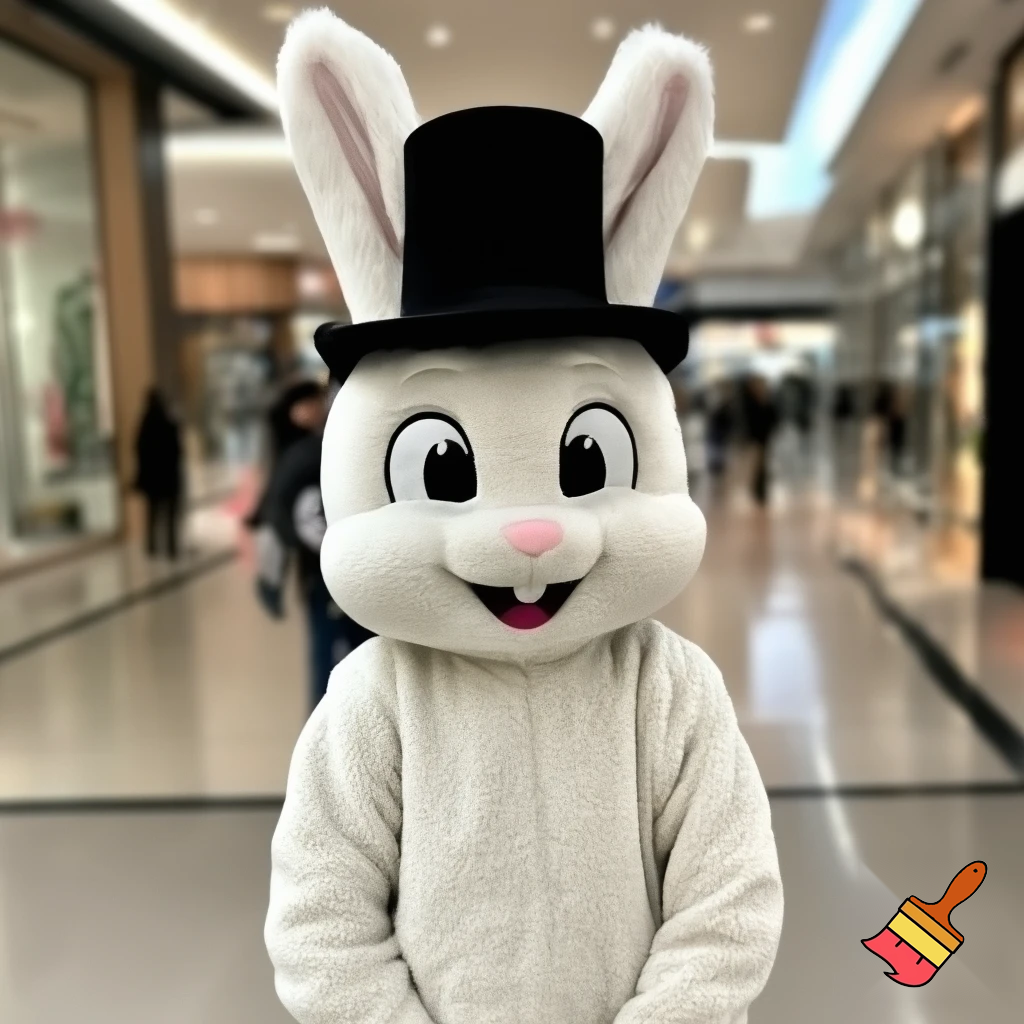 Easter bunny mascot top hat at the shopping centre mascot costume Darrell Lea magic room