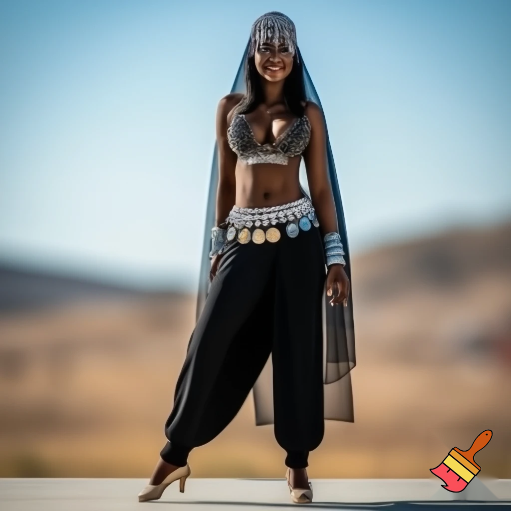 Attractive Moroccan woman with dark skin wearing a headpiece, a veil, ornate cuffs, a bejeweled bra, a coin belt, harem pants and ballroom dance shoes in California 
