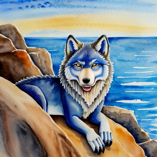 create an image of a glowing blue wolf, with glowing red eyes and a crocodile mouth. Its on a rocky cliff over seeing the sea