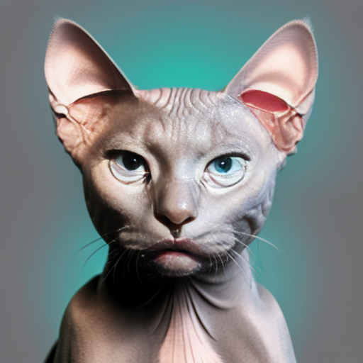 Realistic Light grey Sphynx cat with light blue eyes against a cool background. Square image 