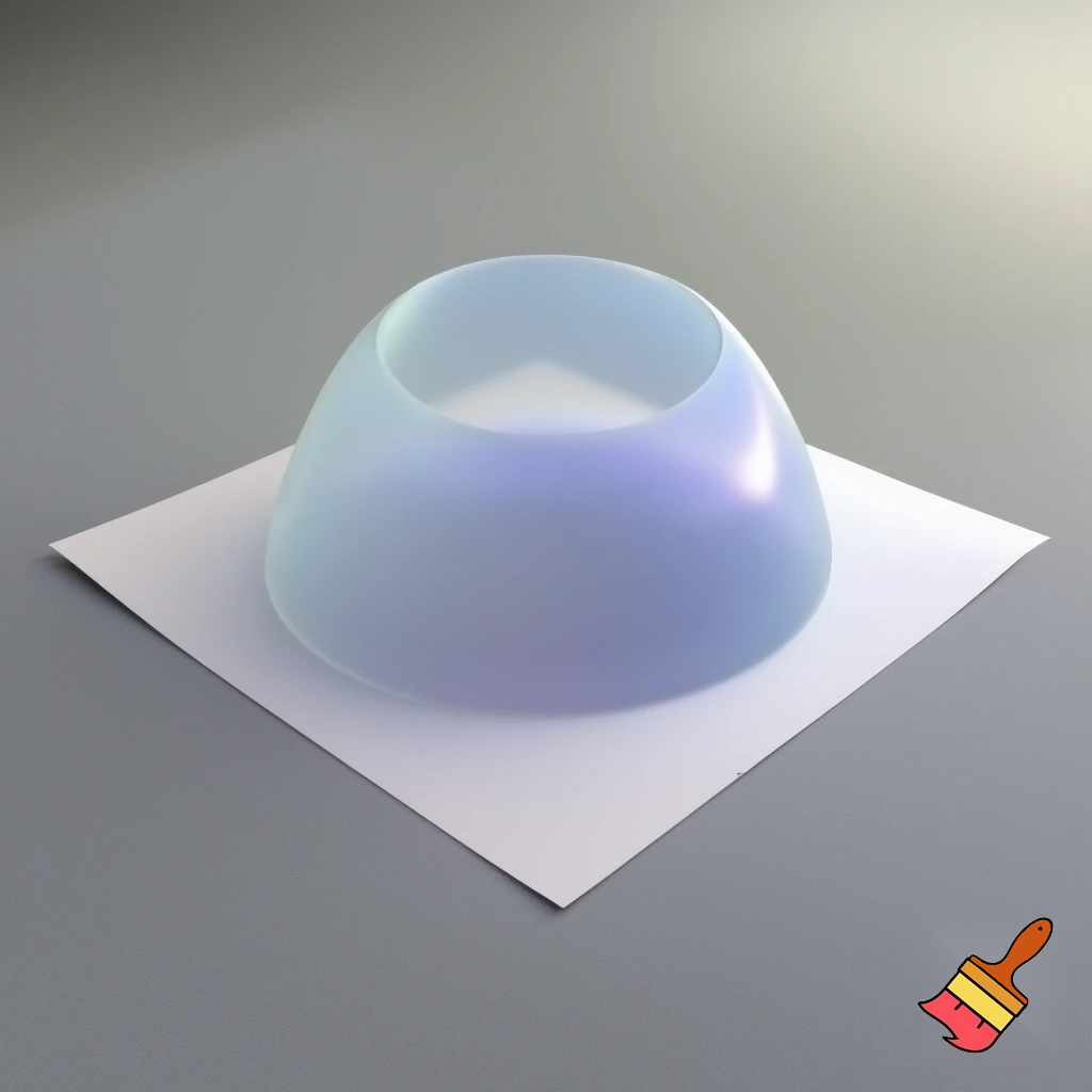 Imagine a flexible, gel-like bowl placed on top of a square piece of paper. The bowl’s material stretches and conforms perfectly to the square edges and corners of the paper, creating a smooth, dome-like shape. The bowl’s surface molds seamlessly to the square outline, resulting in a perfectly fitted, stretched, square shaped dome-like appearance.