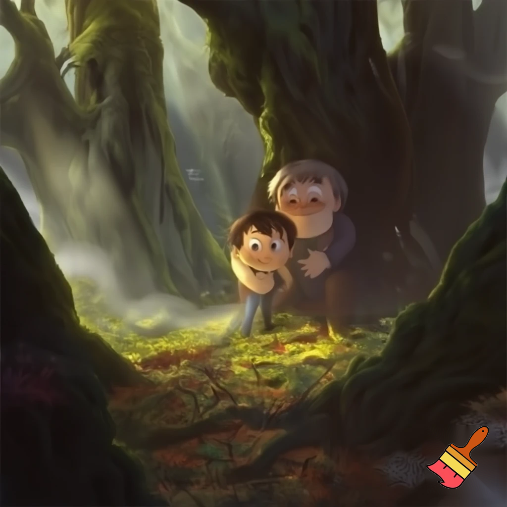 Draw me a little boy with his dad stuck in the forest