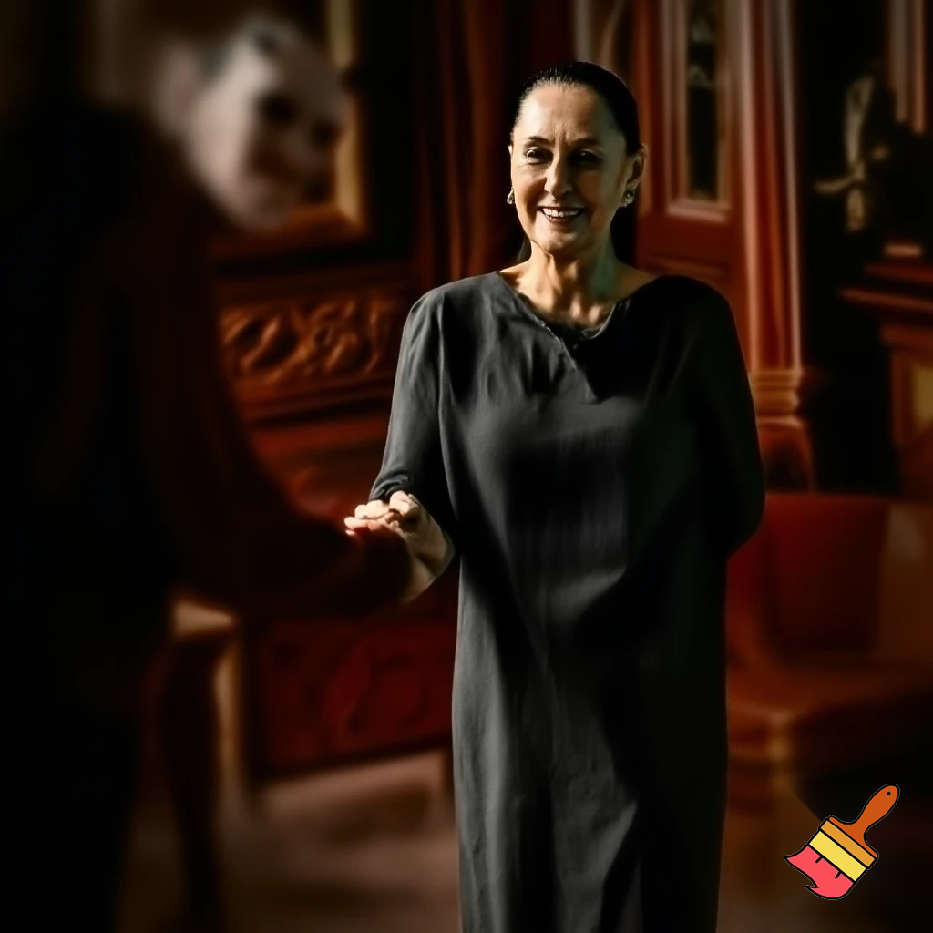 claudia sheinbaum holding hands with the devil and smiling, full body, making deals