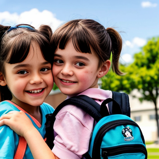 A bright, colorful children’s book cover in the style of a Disney cartoon. In the center, a smiling girl stands in front of a cheerful elementary school building, next to her younger brother who has Down syndrome and autism.

The girl has light skin and big expressive eyes. She has blonde hair in a high ponytail with a cute hair tie. She is wearing a light pink skirt and a white ruffled shirt, with a colorful backpack on her shoulders.

Her brother has light skin, short fluffy hair, and gentle, happy eyes. Show his features clearly so it’s clear he has Down syndrome, but in a kind and respectful way. He is wearing a dark blue shirt, black shorts, and a backpack. He is smiling and standing close to his sister, maybe holding her hand or standing shoulder to shoulder, to show their strong, loving bond.

Behind them is a warm, welcoming school building with big windows, a front door, and the school name on a sign or banner. Add trees, flowers, and a sunny blue sky with soft clouds to make the scene bright and happy, like a Disney movie background.

At the top of the cover, in large, playful, Disney-like letters, write the title: “Posey’s Story”.
Leave space at the bottom for the author’s name.

The overall style should be like a Disney animated film: soft shading, big friendly eyes, rounded shapes, and an emotional, heartwarming feeling that celebrates siblings, kindness, and inclusion. Make it more cartoon