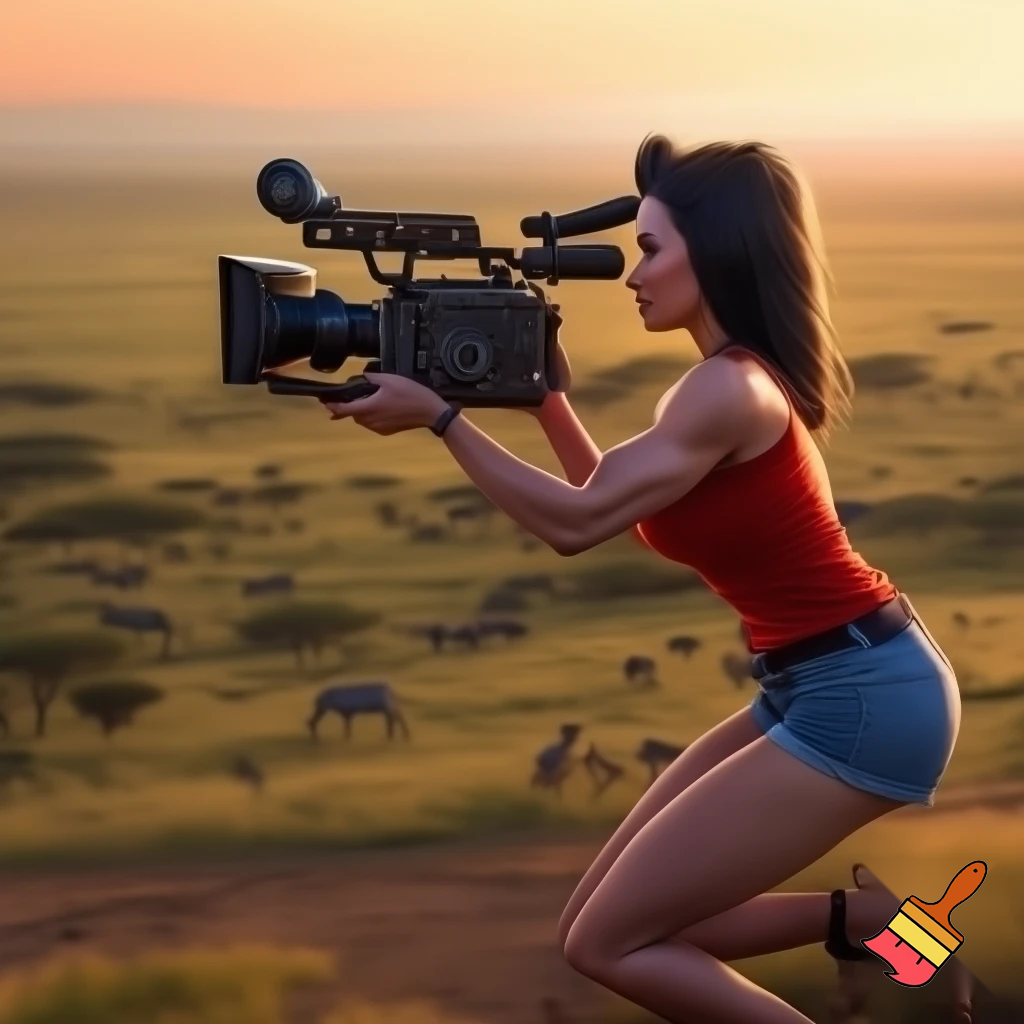 A cute and muscular black-long-and-side-swept-banged-haired fair white woman with arriflex digital camera and wearing red tank top and woman's blue short jeans and putting the sandals on her feet is filmming the plains of the Serengeti in Tanzania.