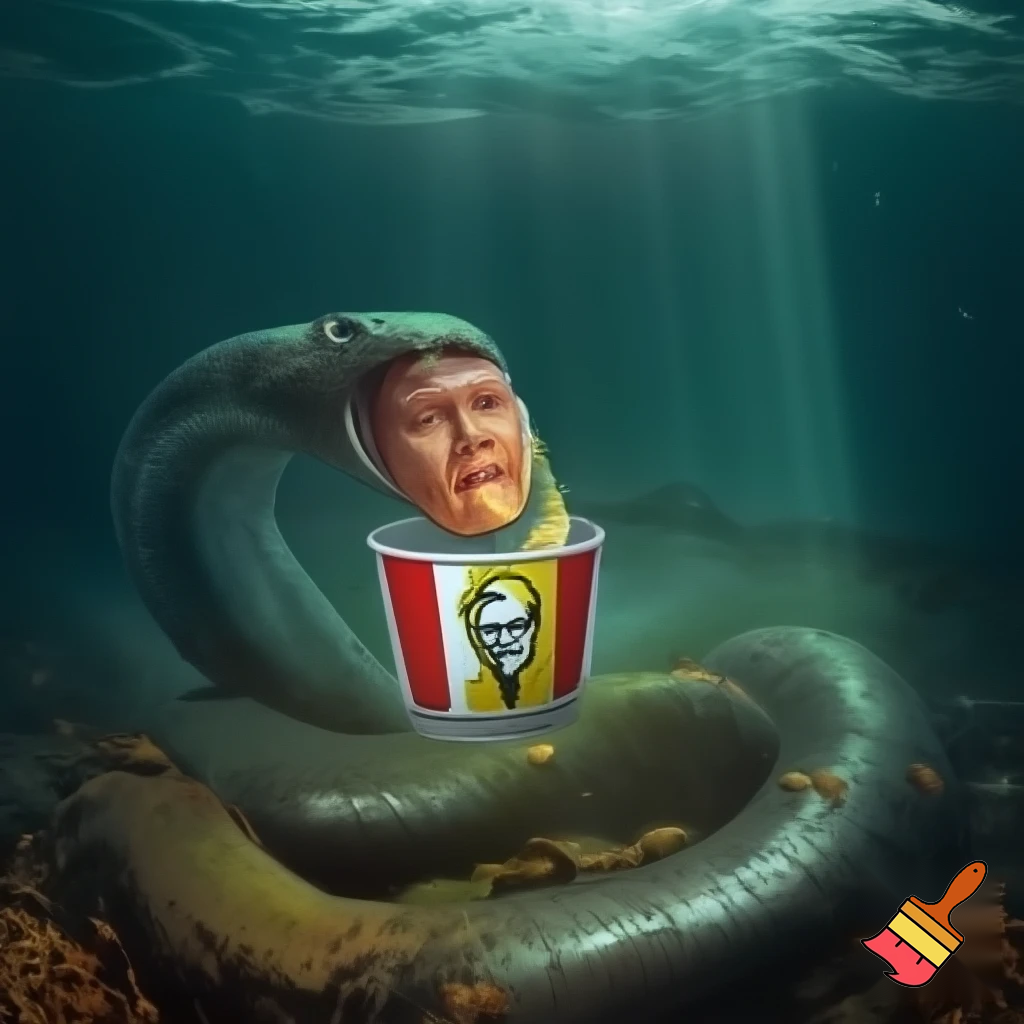 fat snake with human head in the ocean eating KFC