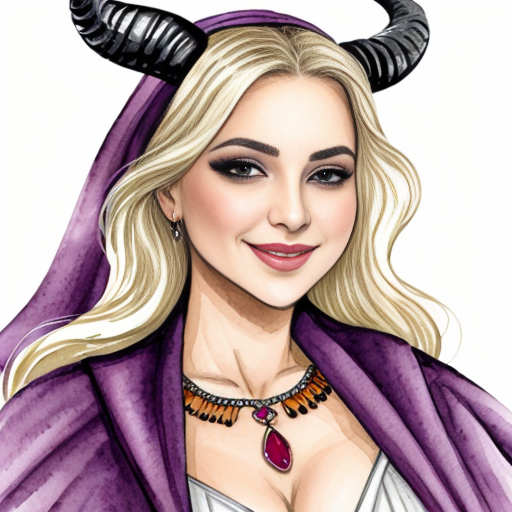 A elegantly beautiful seven-foot tall, lavender-pink skinned Tiefling with ram-like horns, long wavey blond hair and a curvaceous figure. She is dressed for a long journey on the road, with many assorted shiny bobbles worn like jewelry and as adornments on her cloak and around her waist. She has a cheerful smile and jovial ruby eyes. In the art style of a well-drawn comic or anime character.