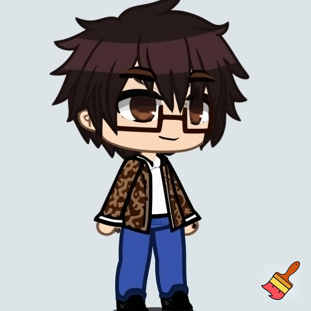 A Gacha brown boy with dark brown hair, brown glasses and a brown pattern jacket with a white shirt, blue pants and black shoes. 
