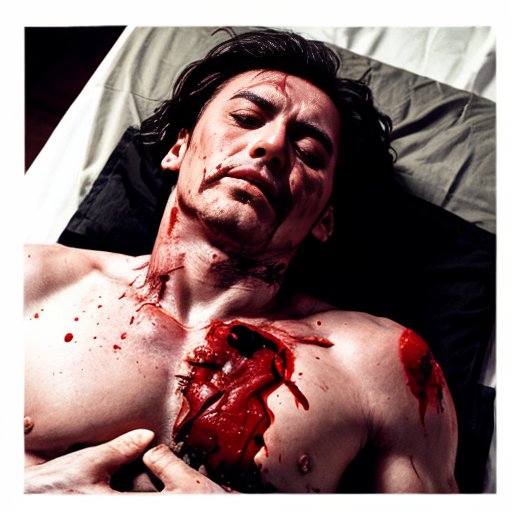 A corpse shirtless man, died, face are hiding by shirt, eye closed, chest opened wounded, blood everywhere