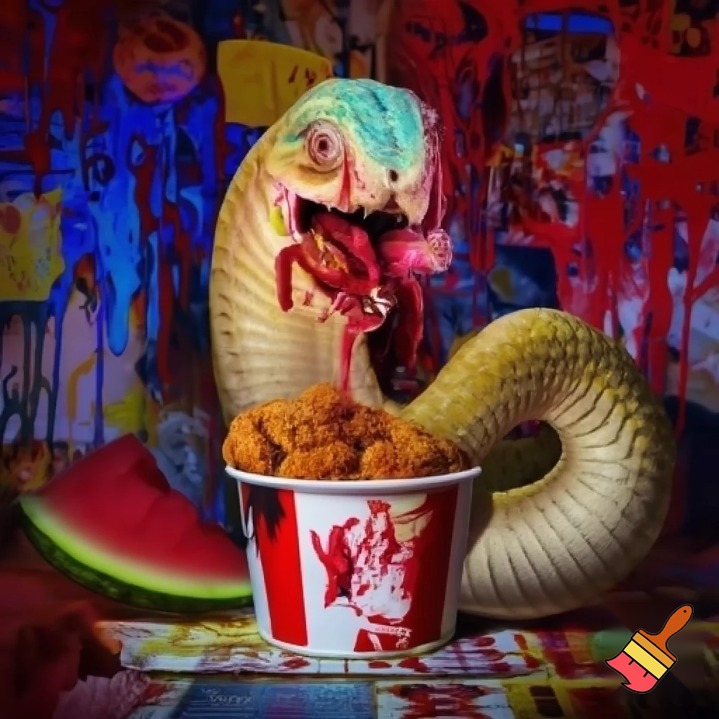 snake with human head eating KFC and watermelon drinking koolaid
