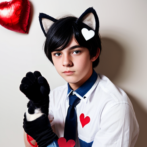 teenage boy with red eyes, black hair, white cat ears, a white shirt with a red love heart in the top right hand side, blue jeans, black gloves with one love heart per glove and a brown cat tail with a white stripe near the tip.