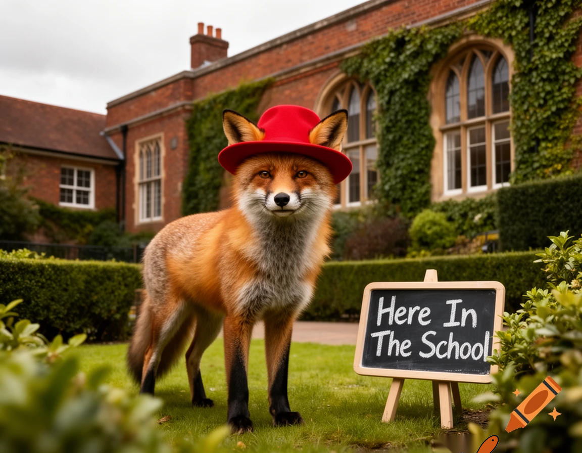 fox with a red hat says here in the school