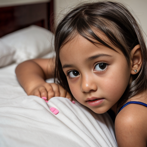 sudanese little girl, long brunette hair, night dress, on the bedroom, close up